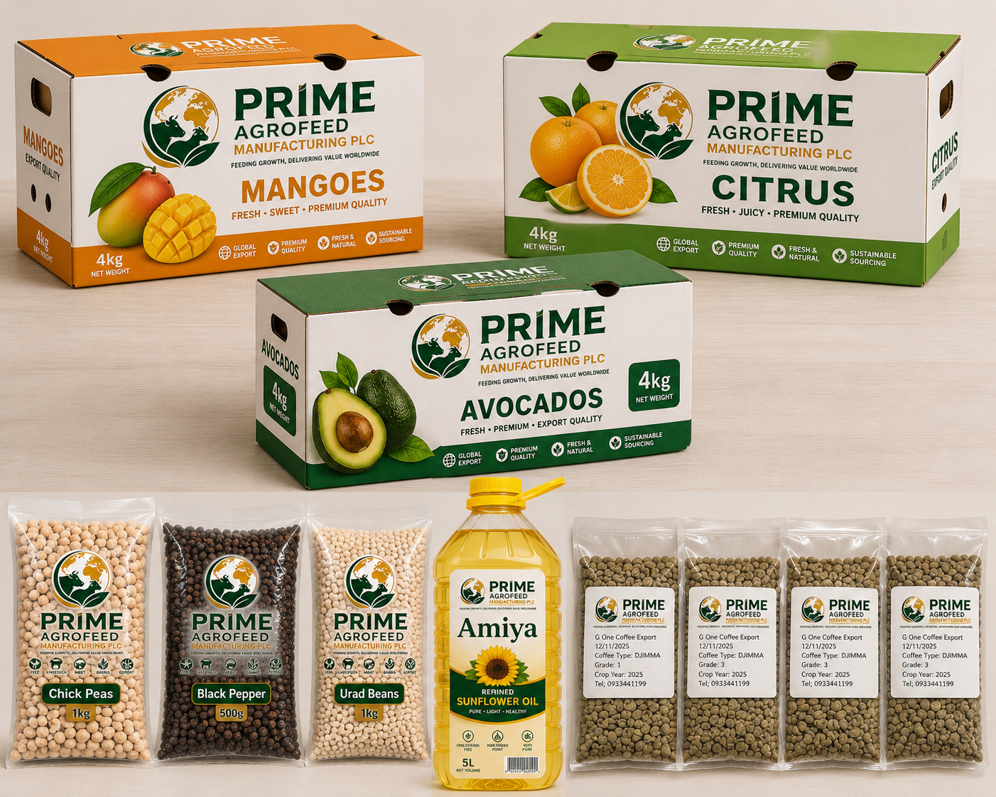Prime AgroFeed export lineup — 4kg cartons, 5L sunflower oil, retail pouches