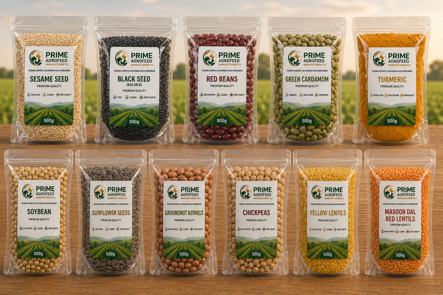 Prime AgroFeed 500g retail pouches — sesame, black seed, red beans, chickpeas, cardamom and spices