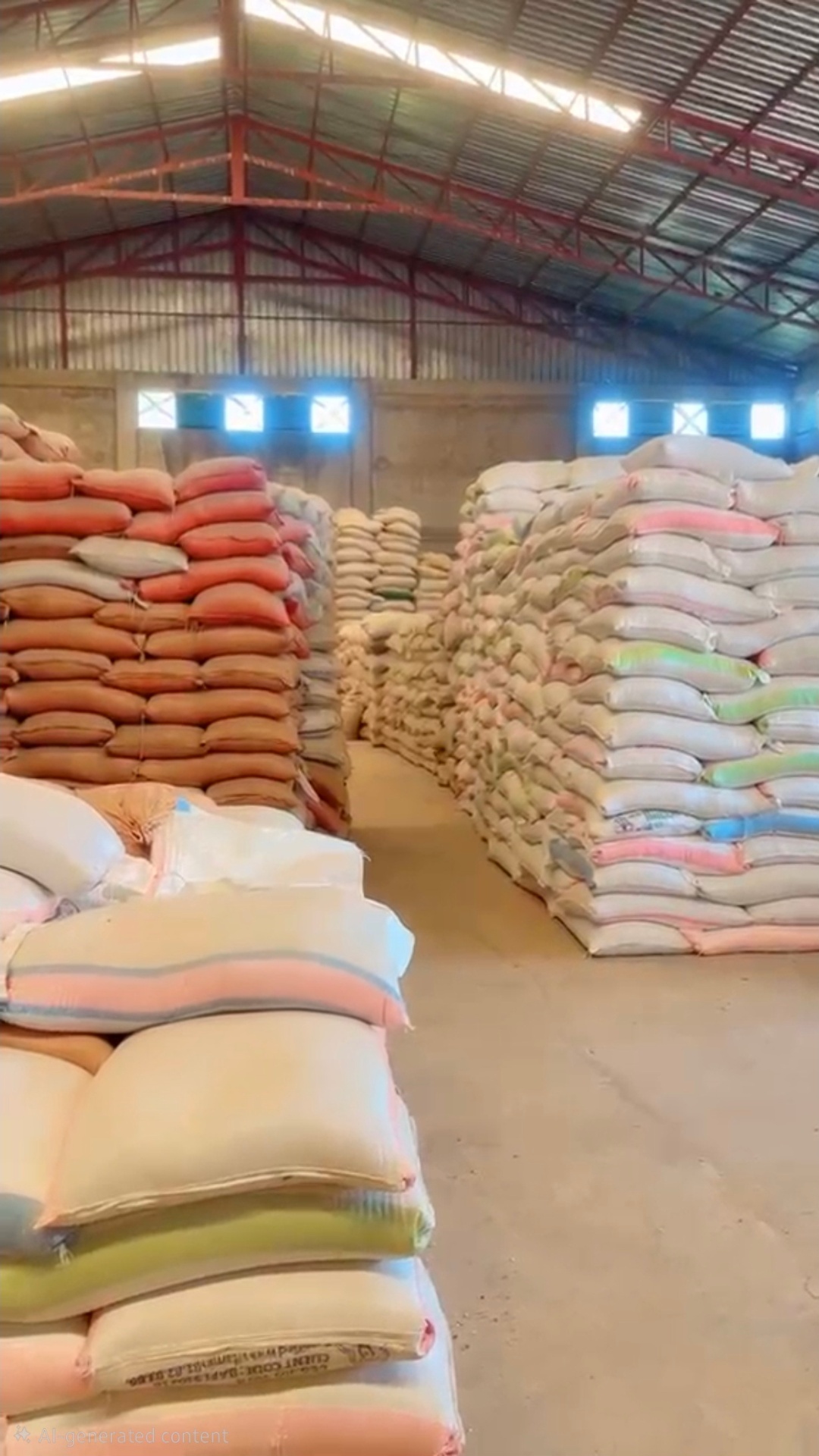 Stacked animal feed bags in warehouse